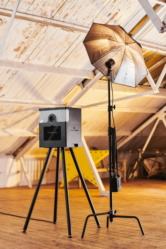 Branded photo booth set up inside